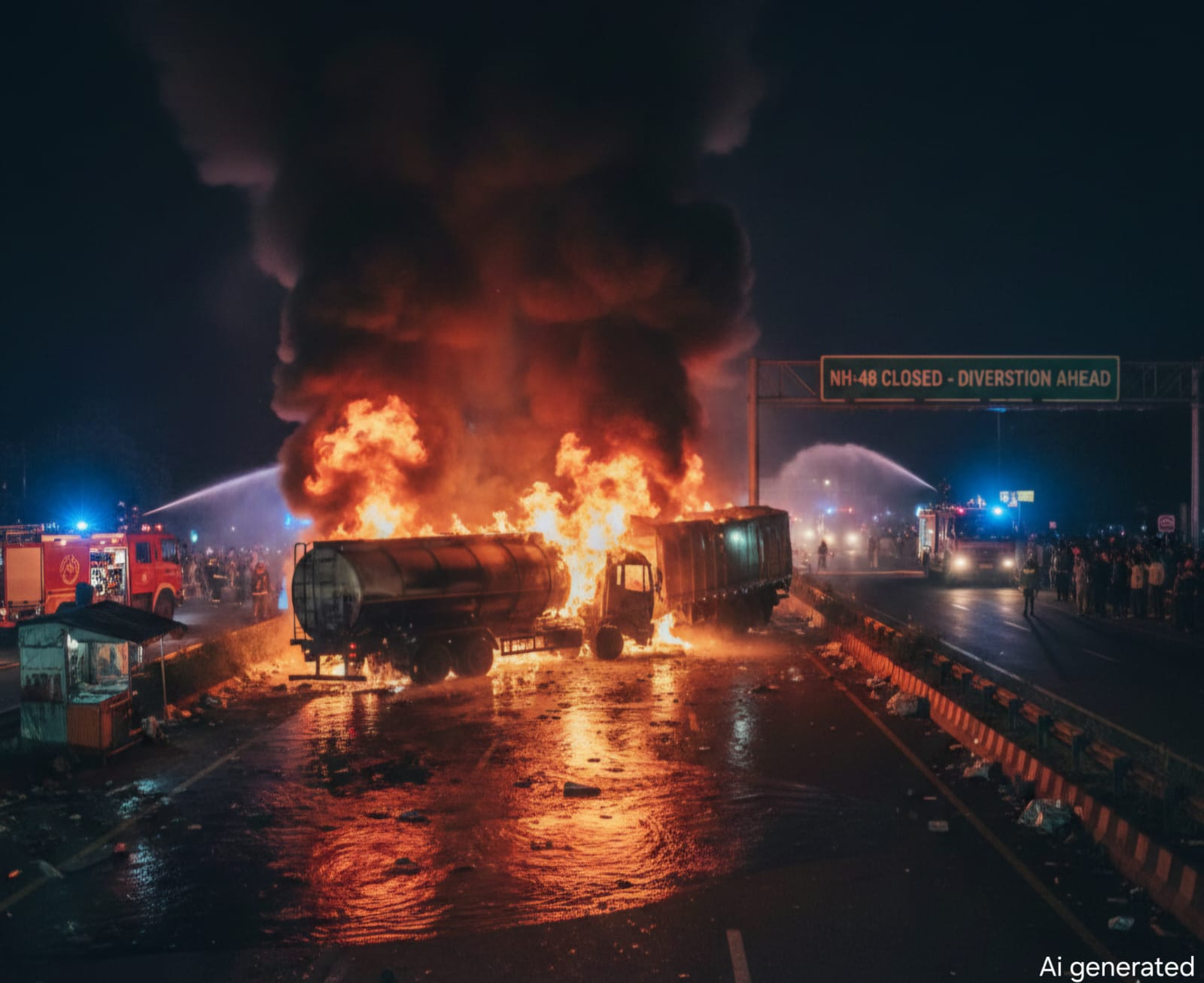 कोटपूतली-पावटा में कोहराम: केमिकल टैंकर बना आग का गोला, हाईवे पर 10 किमी लंबा जाम।